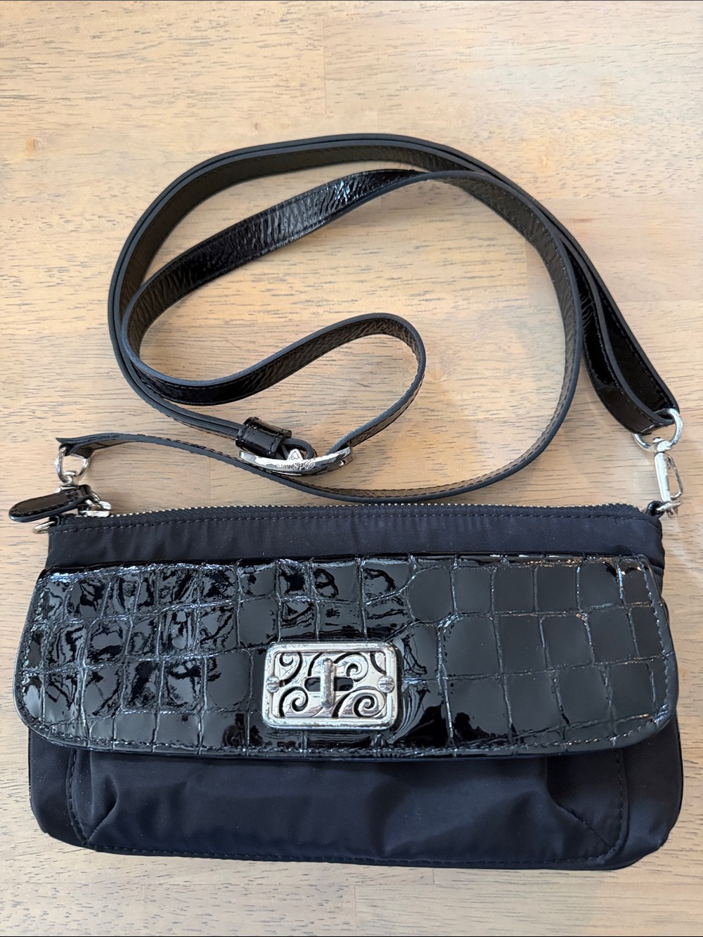 Brighton Black Croc-Texture Crossbody Bag with Silver Accent
